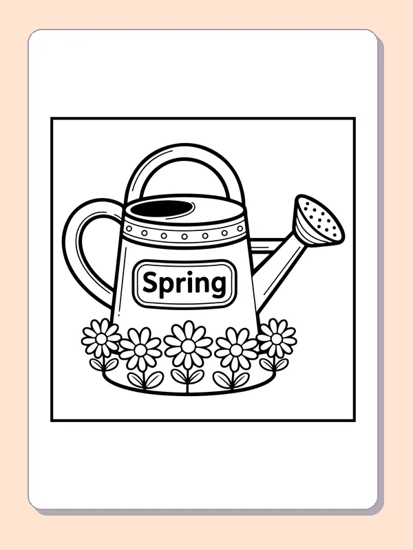 Printable spring coloring page of a watering can marked Spring among daisies
