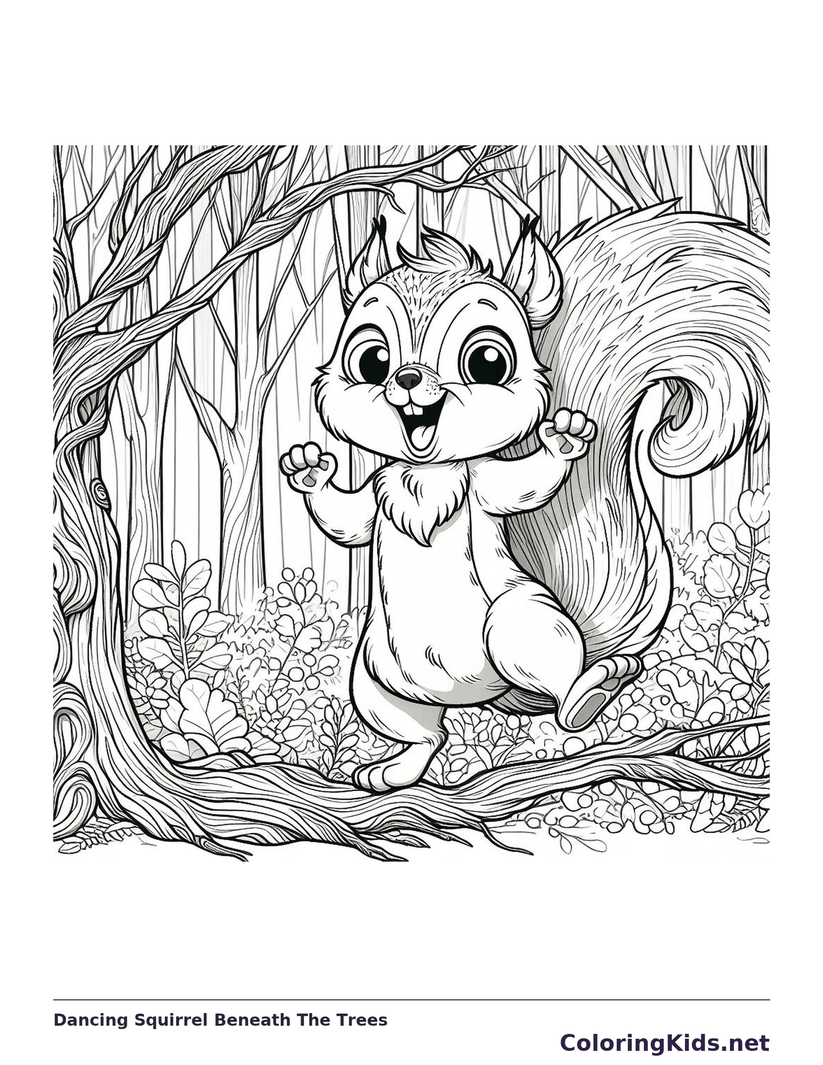 Dancing Squirrel Beneath The Trees coloring page: black and white drawing with gray shading to print or color online