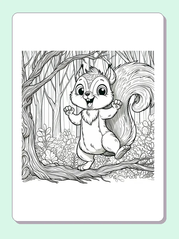 Dancing Squirrel Beneath The Trees coloring page: black and white drawing with gray shading to print or color online