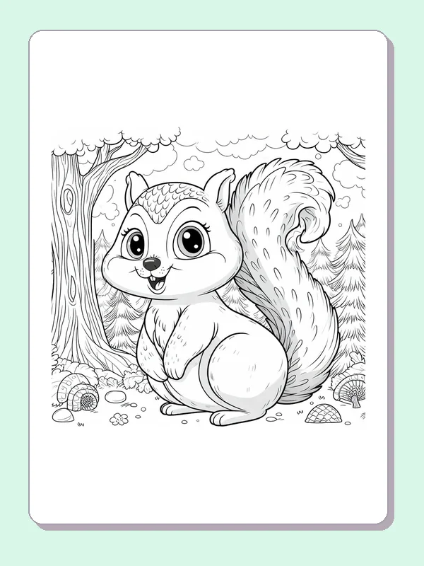 Little Squirrel Beside Fallen Leaves coloring page: black and white drawing with gray shading to print or color online