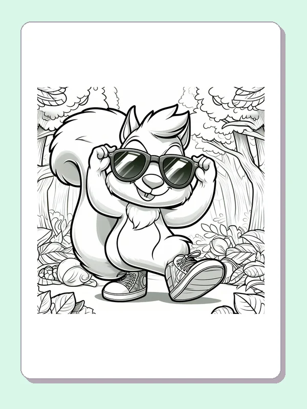Squirrel Adjusting Oversized Sunglasses coloring page: black and white drawing with gray shading to print or color online