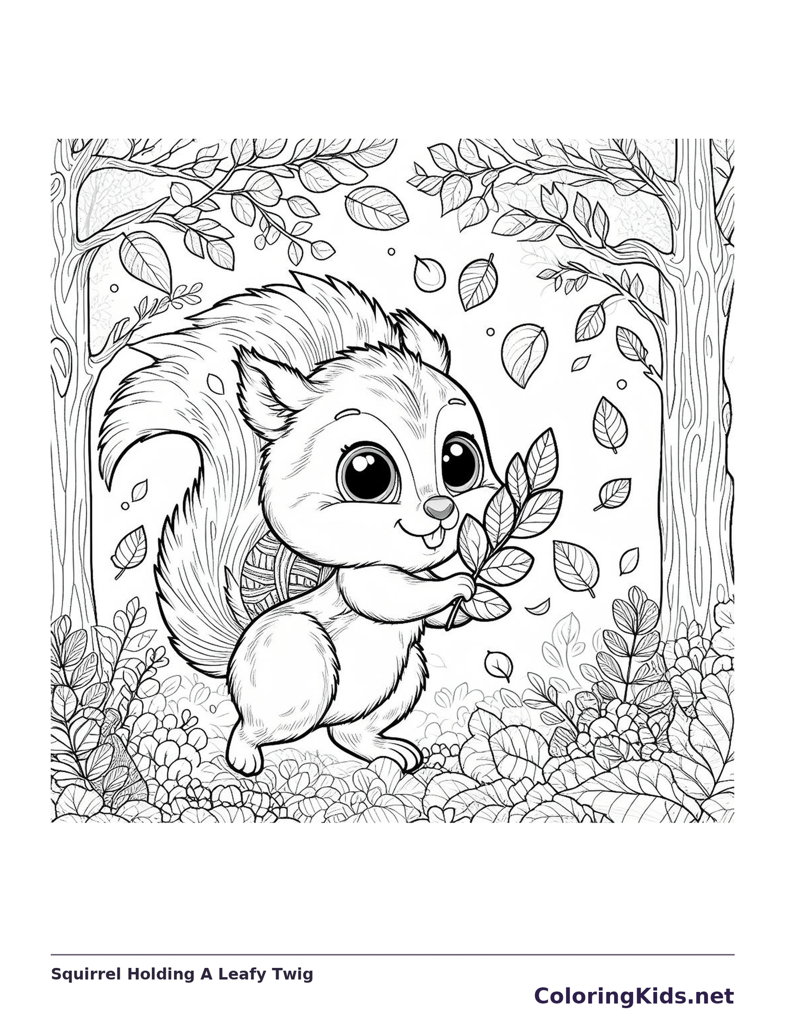 Squirrel Holding A Leafy Twig coloring page: black and white drawing with gray shading to print or color online