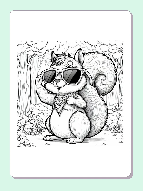Squirrel In Sunglasses Under Pine Trees coloring page: black and white drawing with gray shading to print or color online