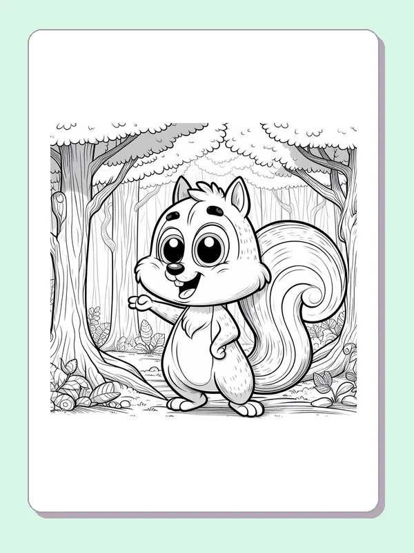 Squirrel Peeking Between Tall Trees coloring page: black and white drawing with gray shading to print or color online
