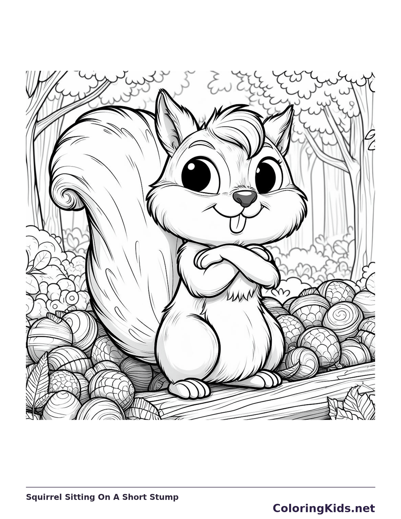 Squirrel Sitting On A Short Stump coloring page: black and white drawing with gray shading to print or color online