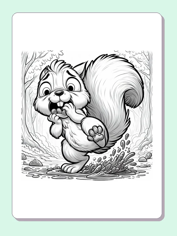 Squirrel Splashing Through A Woodland Puddle coloring page: black and white drawing with gray shading to print or color online