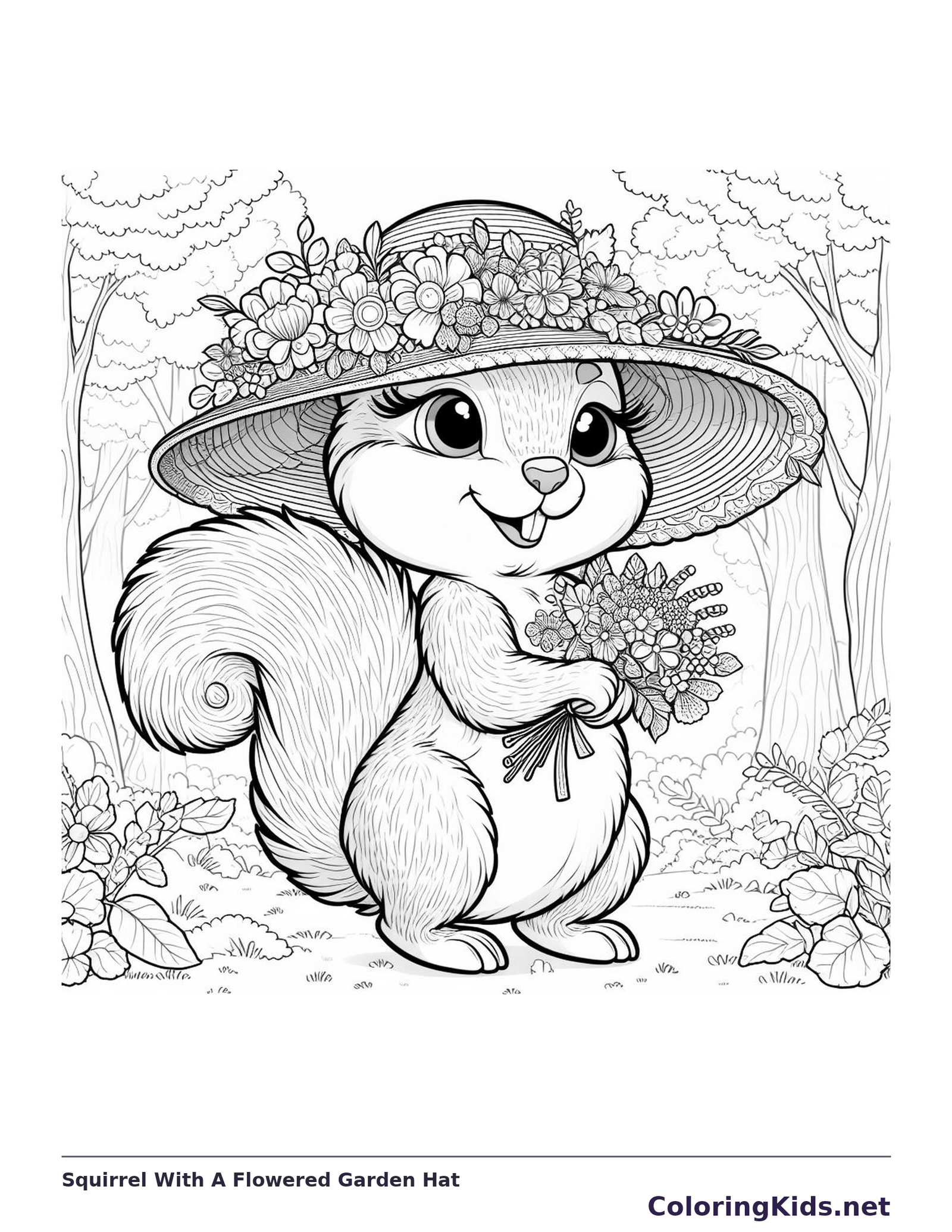 Squirrel With A Flowered Garden Hat coloring page: black and white drawing with gray shading to print or color online