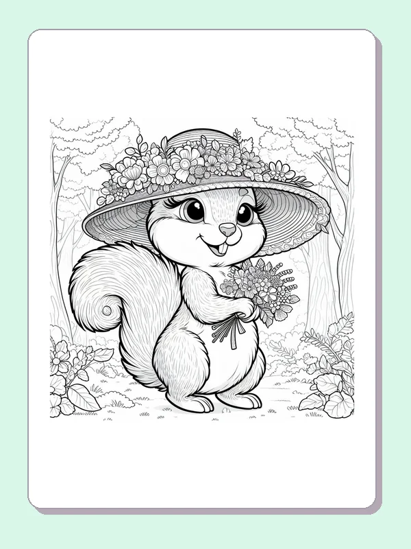 Squirrel With A Flowered Garden Hat coloring page: black and white drawing with gray shading to print or color online