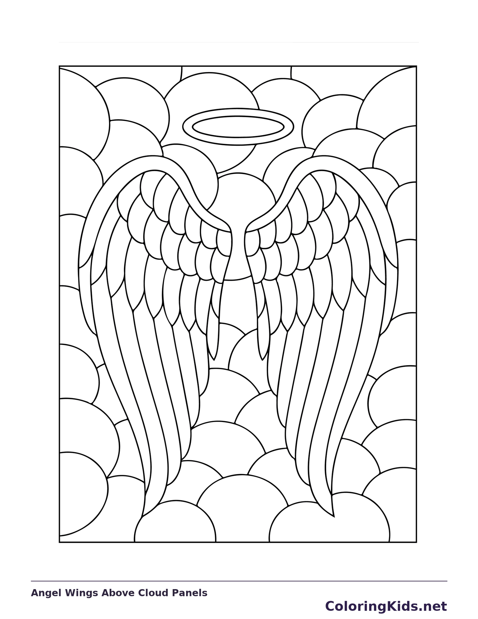 Pair of feathered angel wings beneath a halo and above cloud panes