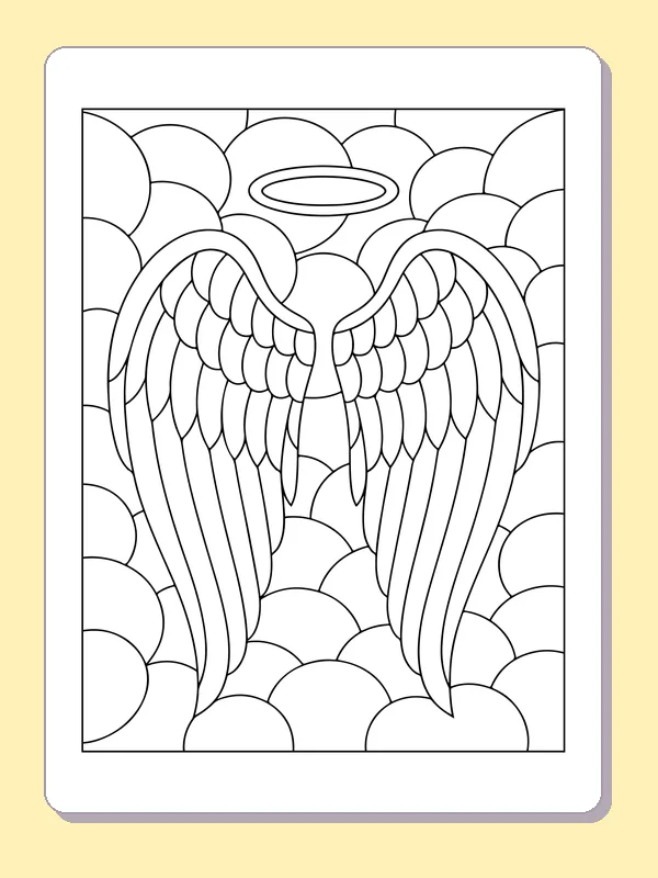 Pair of feathered angel wings beneath a halo and above cloud panes
