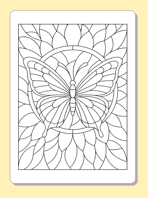 Butterfly with many mirrored wing cells against layered leaf-shaped panes