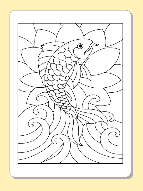 Long-finned decorative fish with scales among tightly curved water shapes