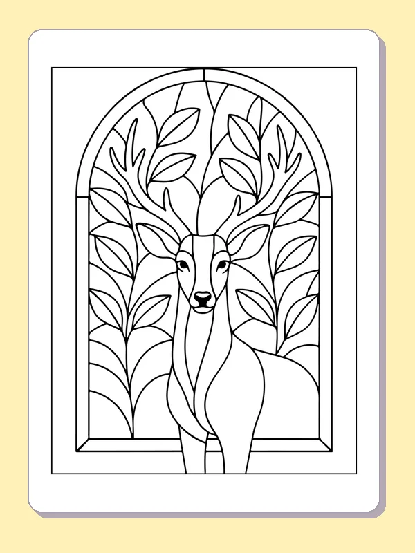 Deer standing within an arched frame of densely layered leaves
