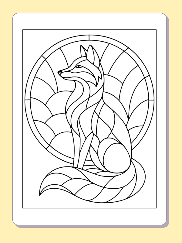 Sitting fox with curled tail inside a circular segmented frame