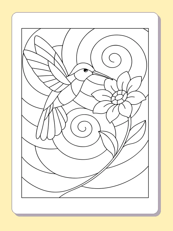Hummingbird approaching one flower against large spiral window panes
