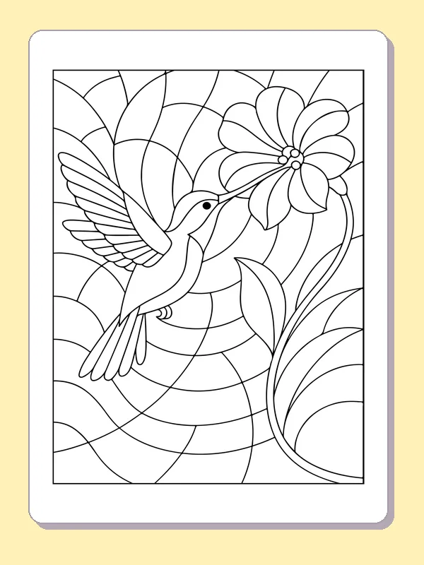 Hummingbird hovering next to a large flower against curved panes