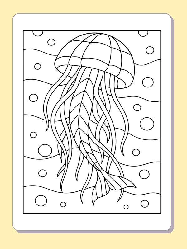 Jellyfish with many thin tentacles among bubbles and curved water bands