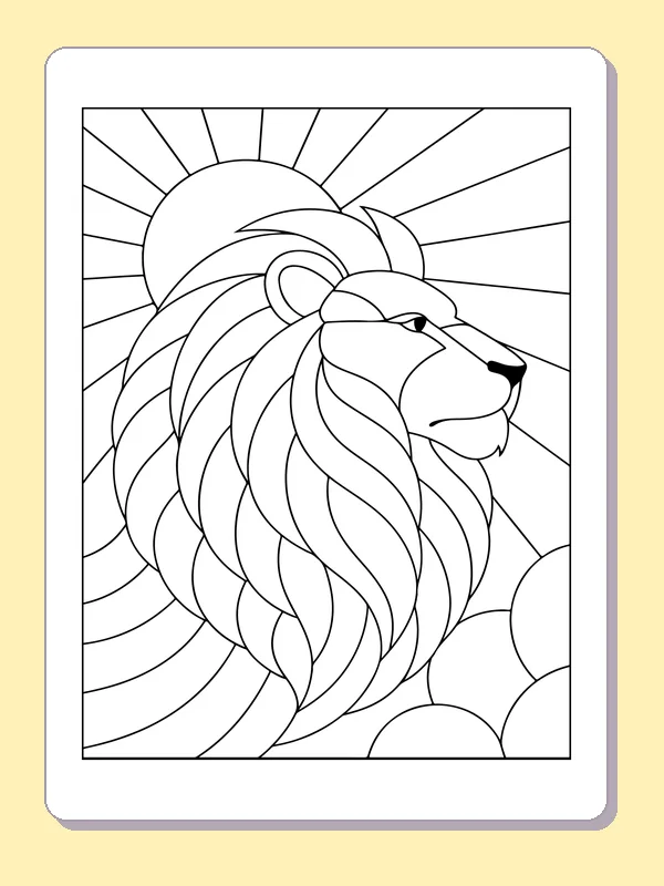 Side-view lion with long divided mane beneath radiating sun rays