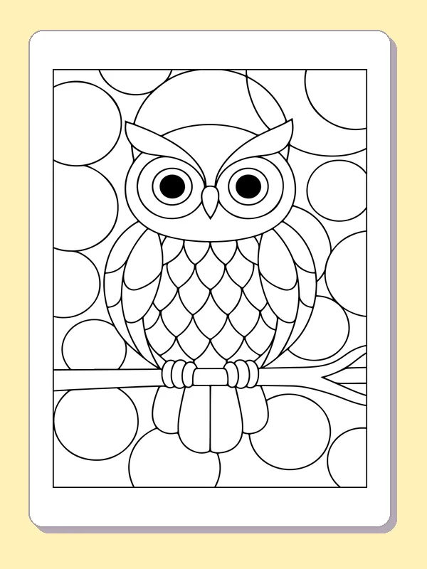 Perched owl with patterned feathers before large circular panes