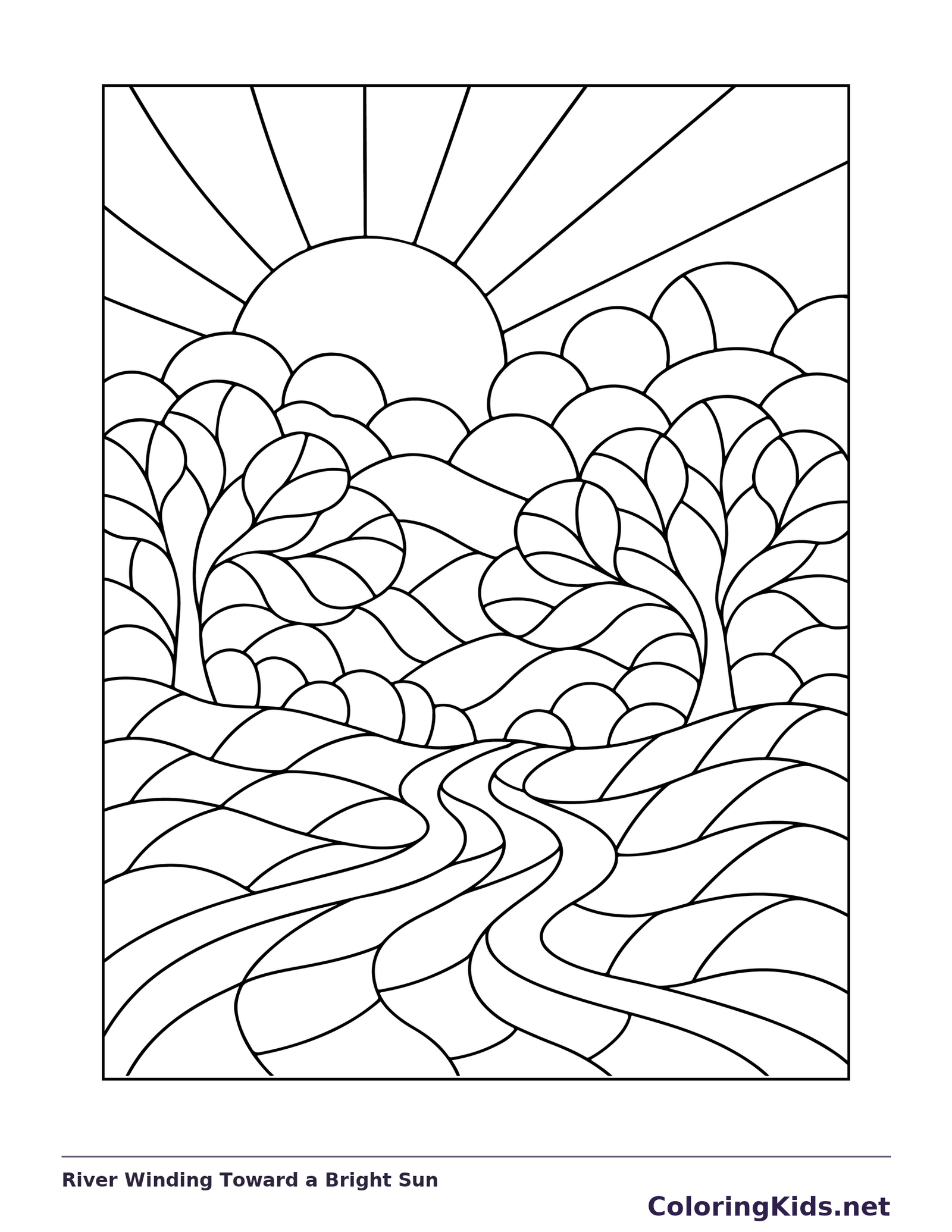 Winding river between leafy trees leading toward a bright sun