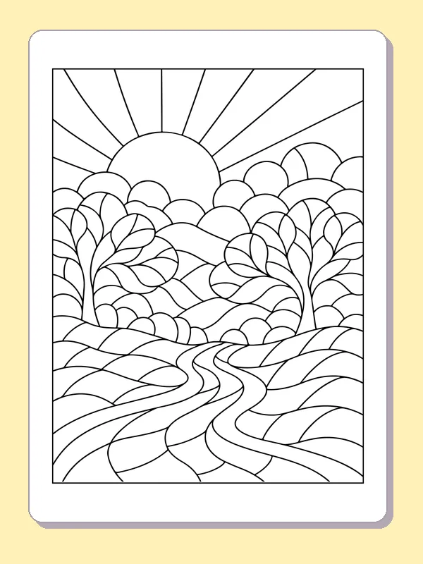 Winding river between leafy trees leading toward a bright sun