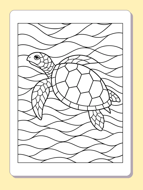 Sea turtle with segmented shell swimming through long curved waves