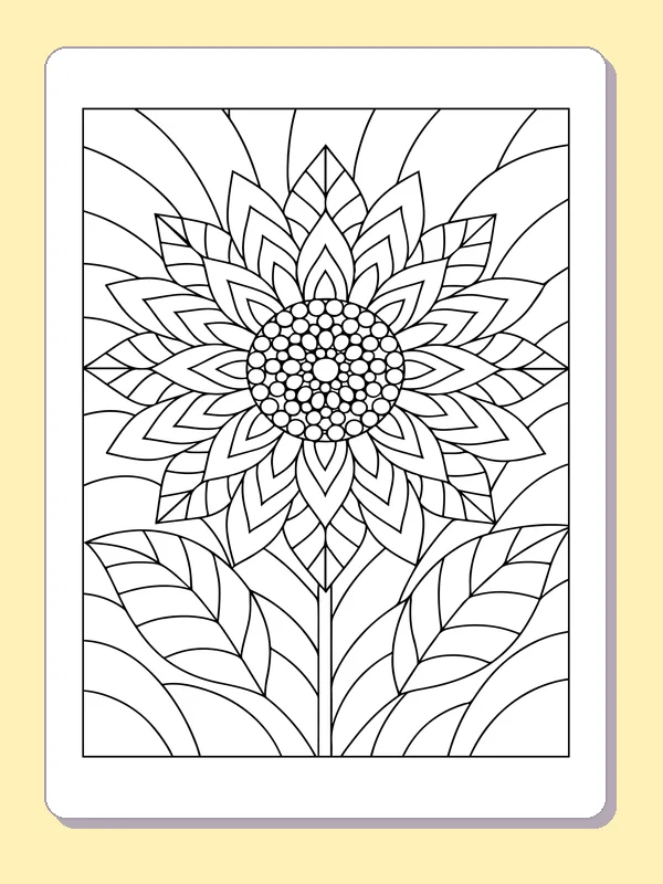 Stained Glass Sunflower With Radiating Petals printable black and white coloring page