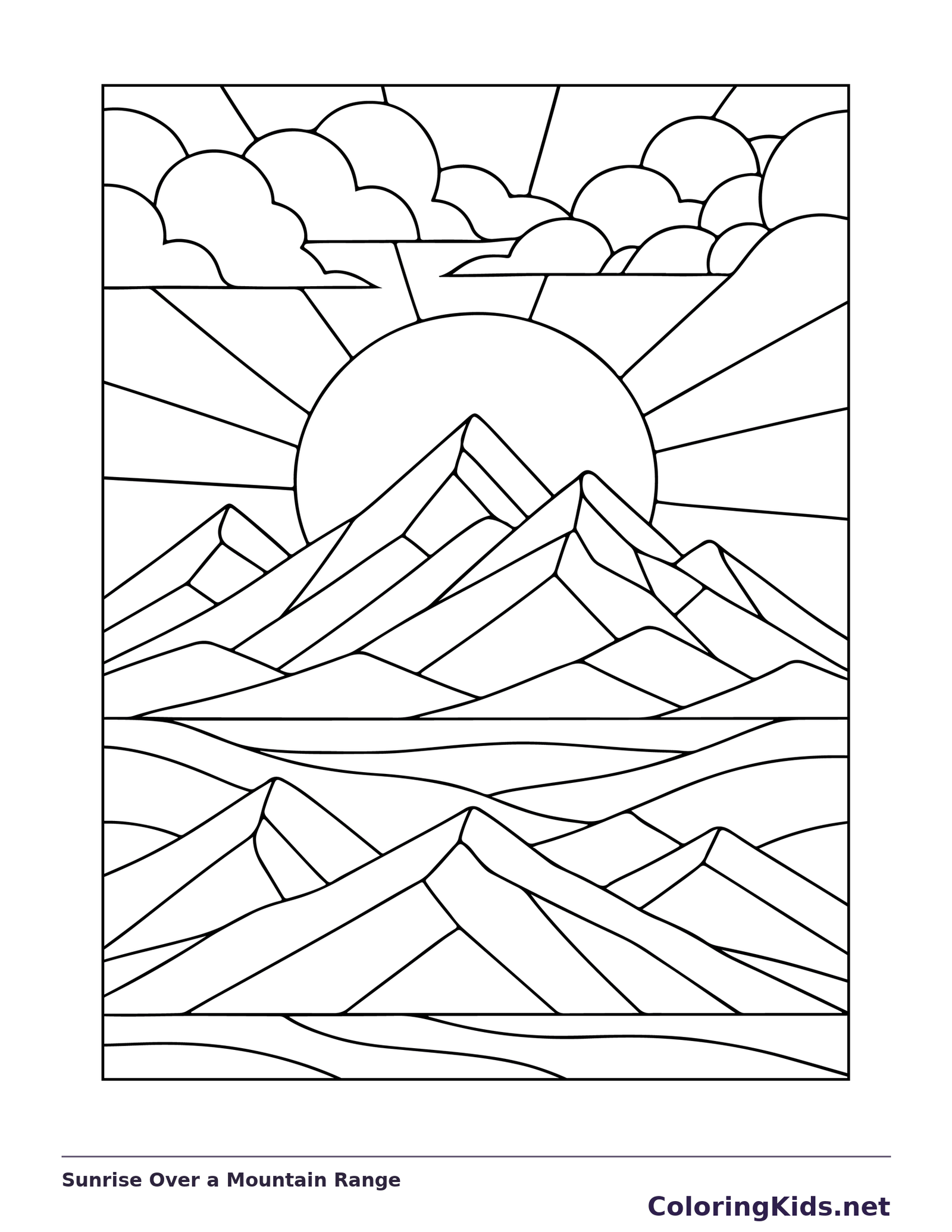 Sunrise, mountain peaks and water divided into angular panels