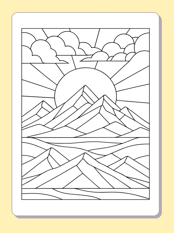 Sunrise, mountain peaks and water divided into angular panels