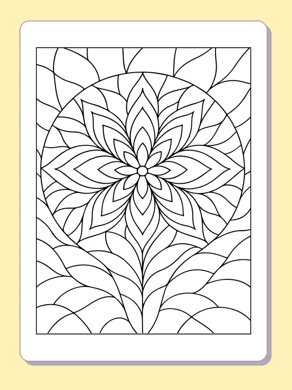 Symmetrical many-petaled flower inside a divided rectangular window