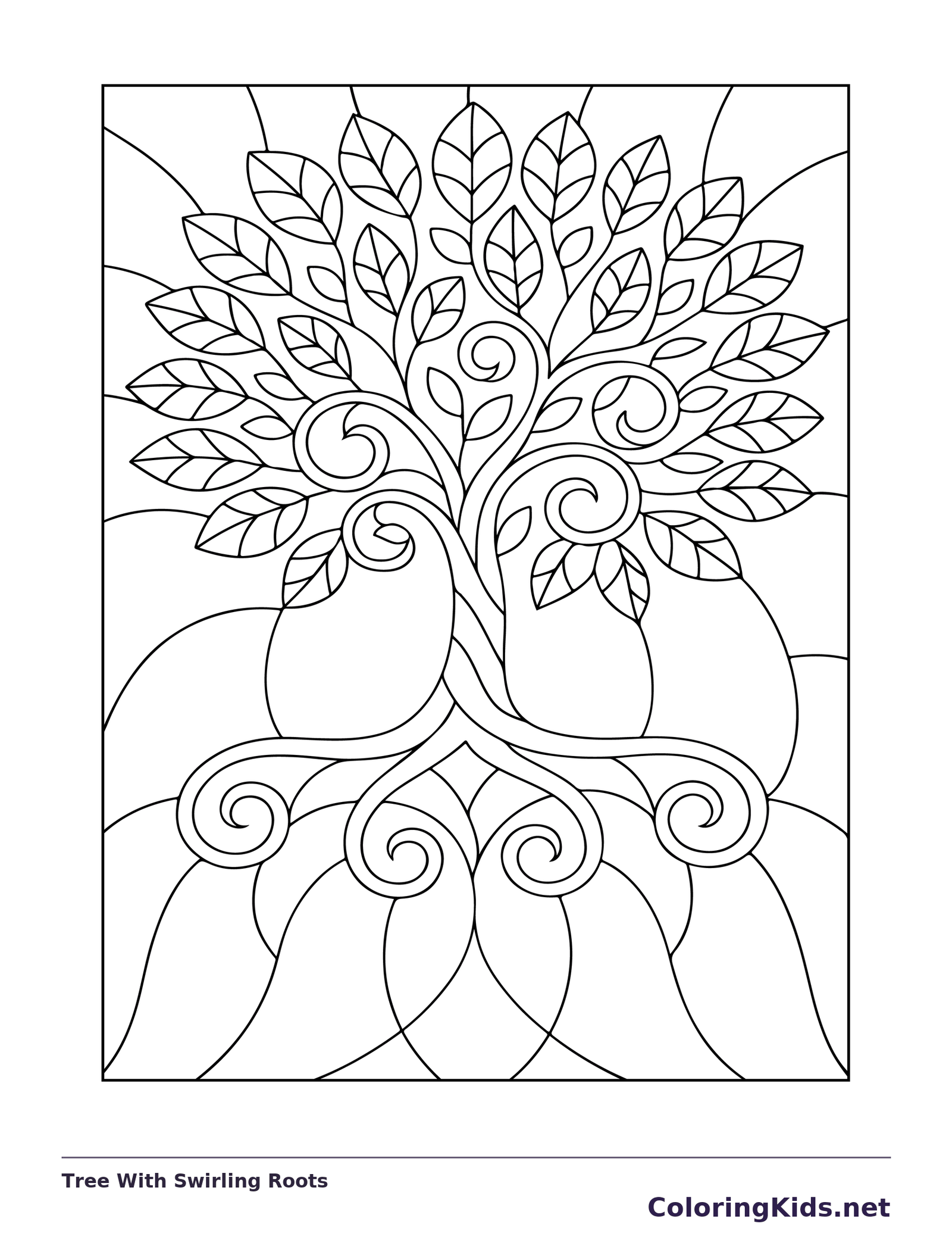 Stylized tree with dense leaf canopy and swirling trunk and roots