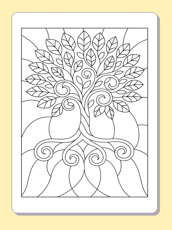 Stylized tree with dense leaf canopy and swirling trunk and roots