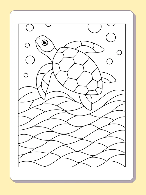 Sea turtle with divided shell above many layered ocean waves