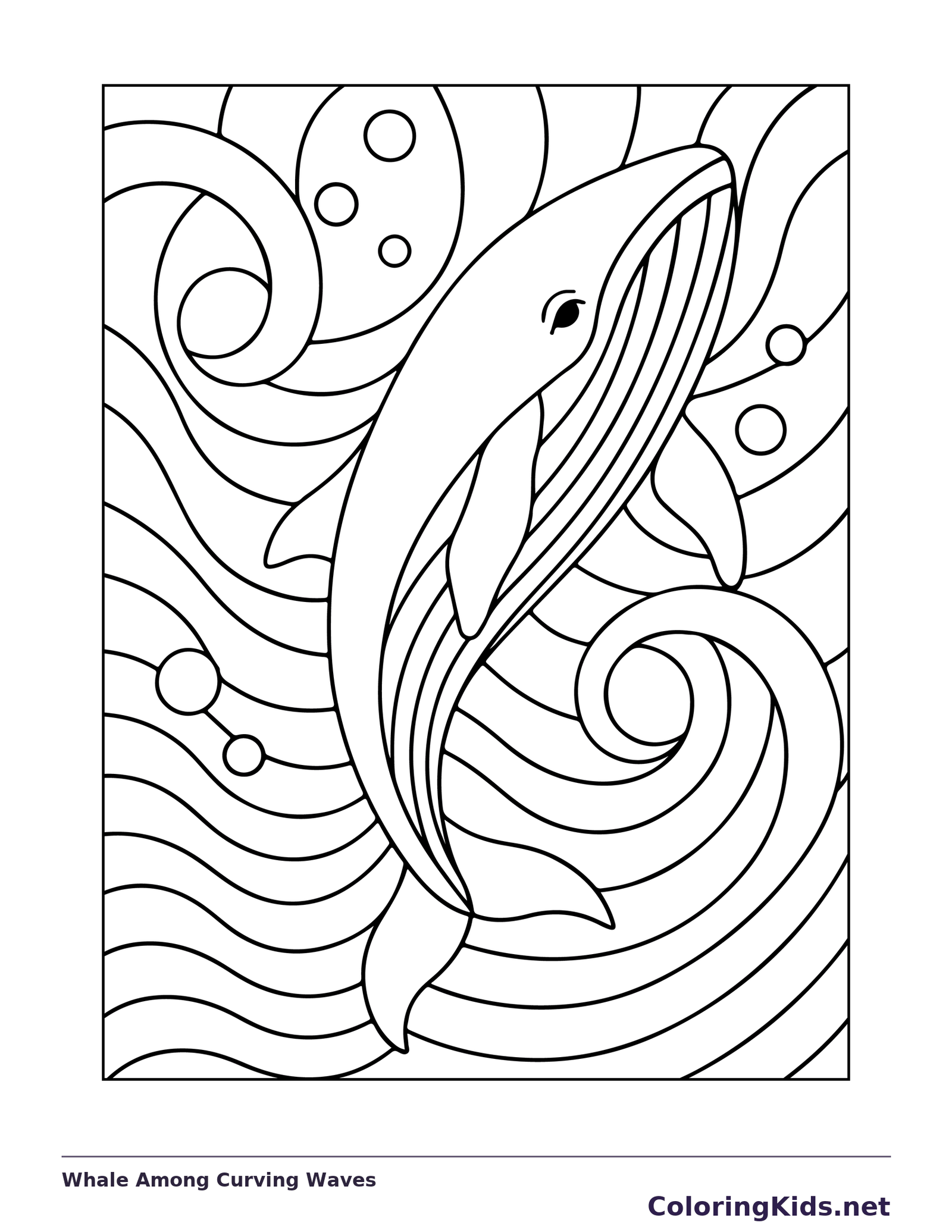 Whale swimming through curved segmented wave lines and bubbles