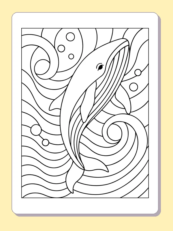 Whale swimming through curved segmented wave lines and bubbles