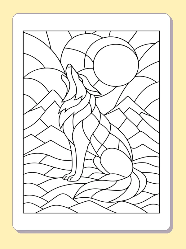 Sitting wolf looking toward a full moon above segmented mountains