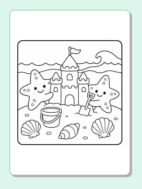 Two smiling starfish building a sandcastle with bucket, shovel and shells