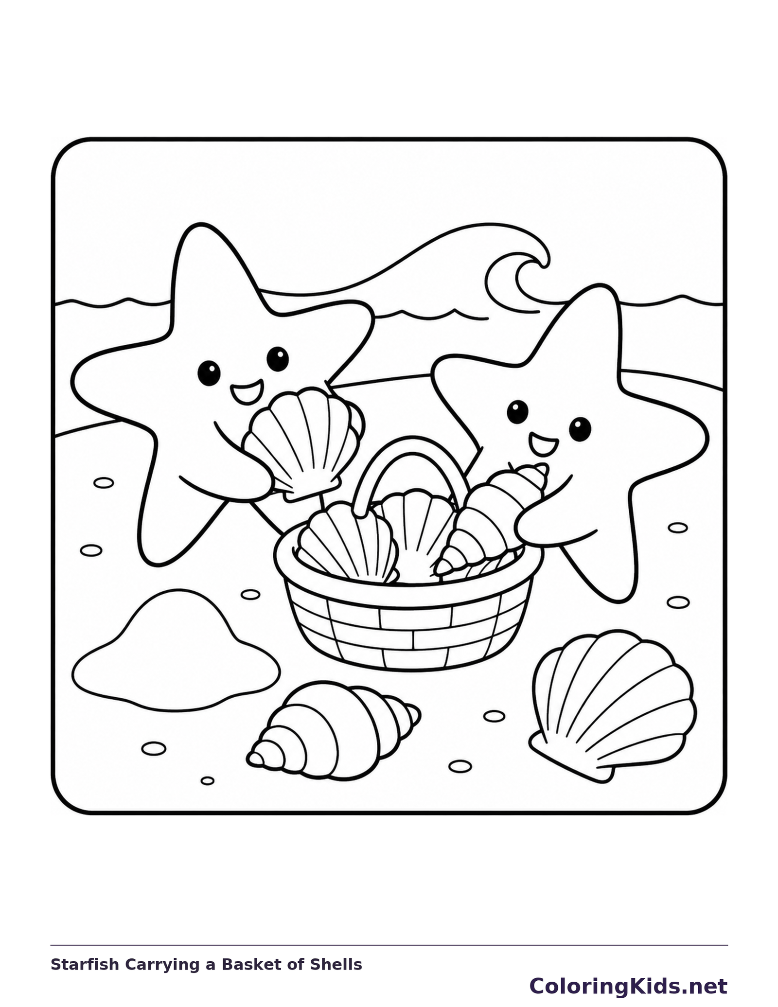 Two starfish holding a basket of seashells beside a beach wave