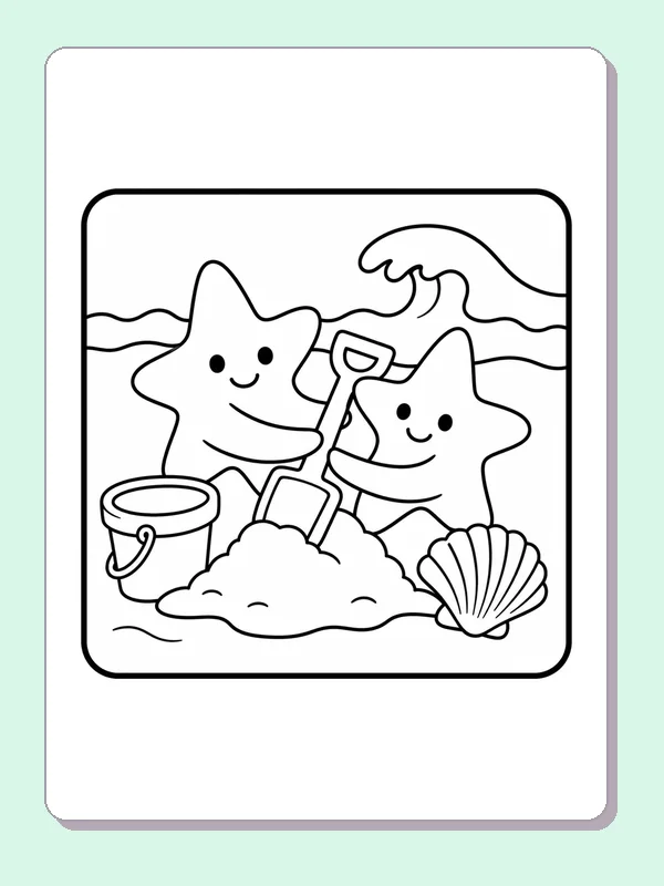 Two starfish digging by a mound of sand with shovel, bucket and shell