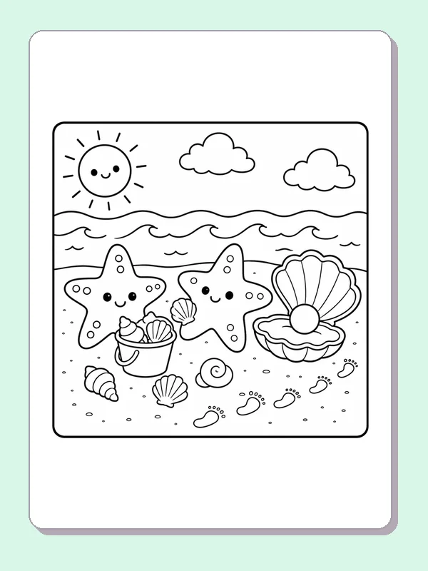 Two starfish finding an open pearl shell among beach footprints