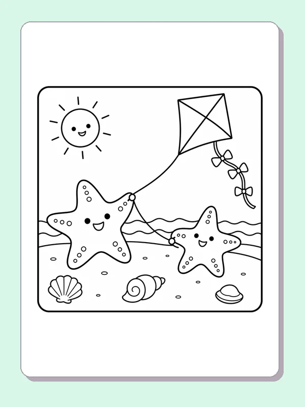 Starfish flying a kite near a smaller sea-star friend on the beach