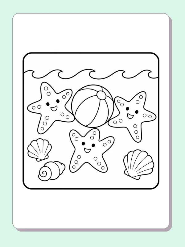 Three starfish playing with a beach ball beside shells and waves