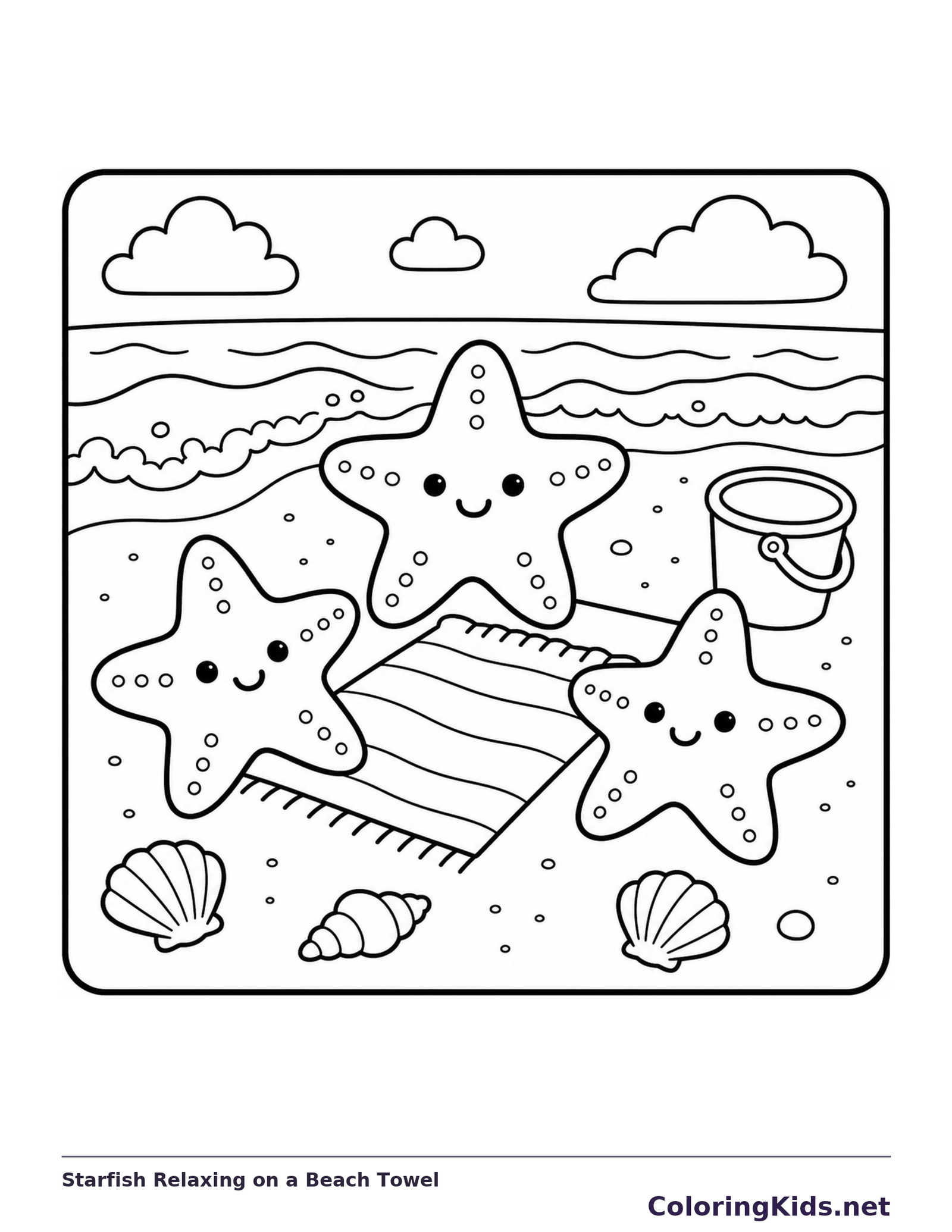 Three starfish relaxing by a beach towel, bucket and waves