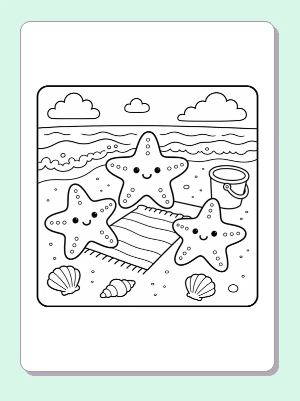 Three starfish relaxing by a beach towel, bucket and waves