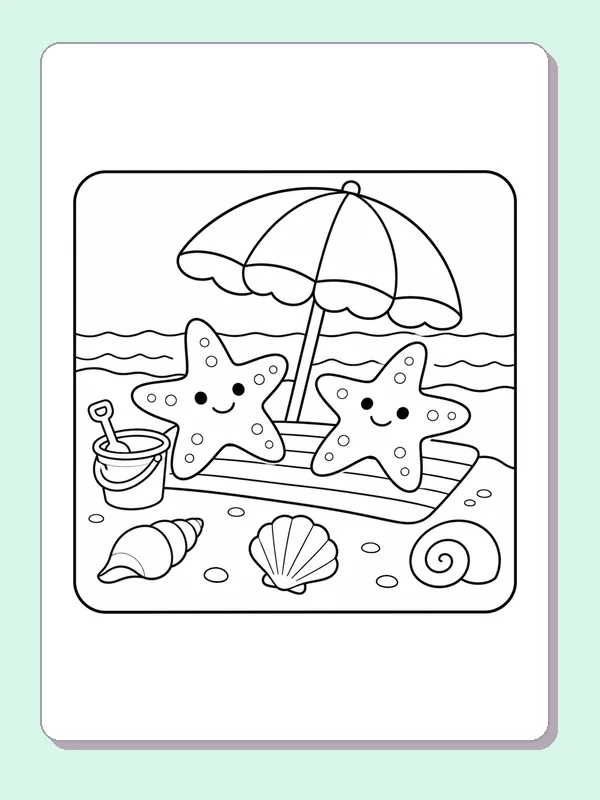 Two starfish under a beach umbrella beside a towel, bucket and shells