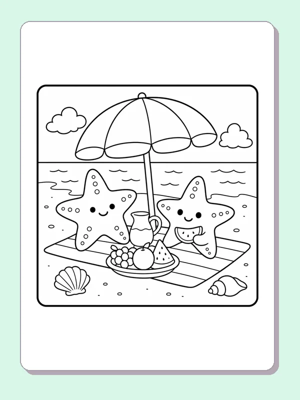 Two starfish sharing a beach picnic under an umbrella with fruit and jug