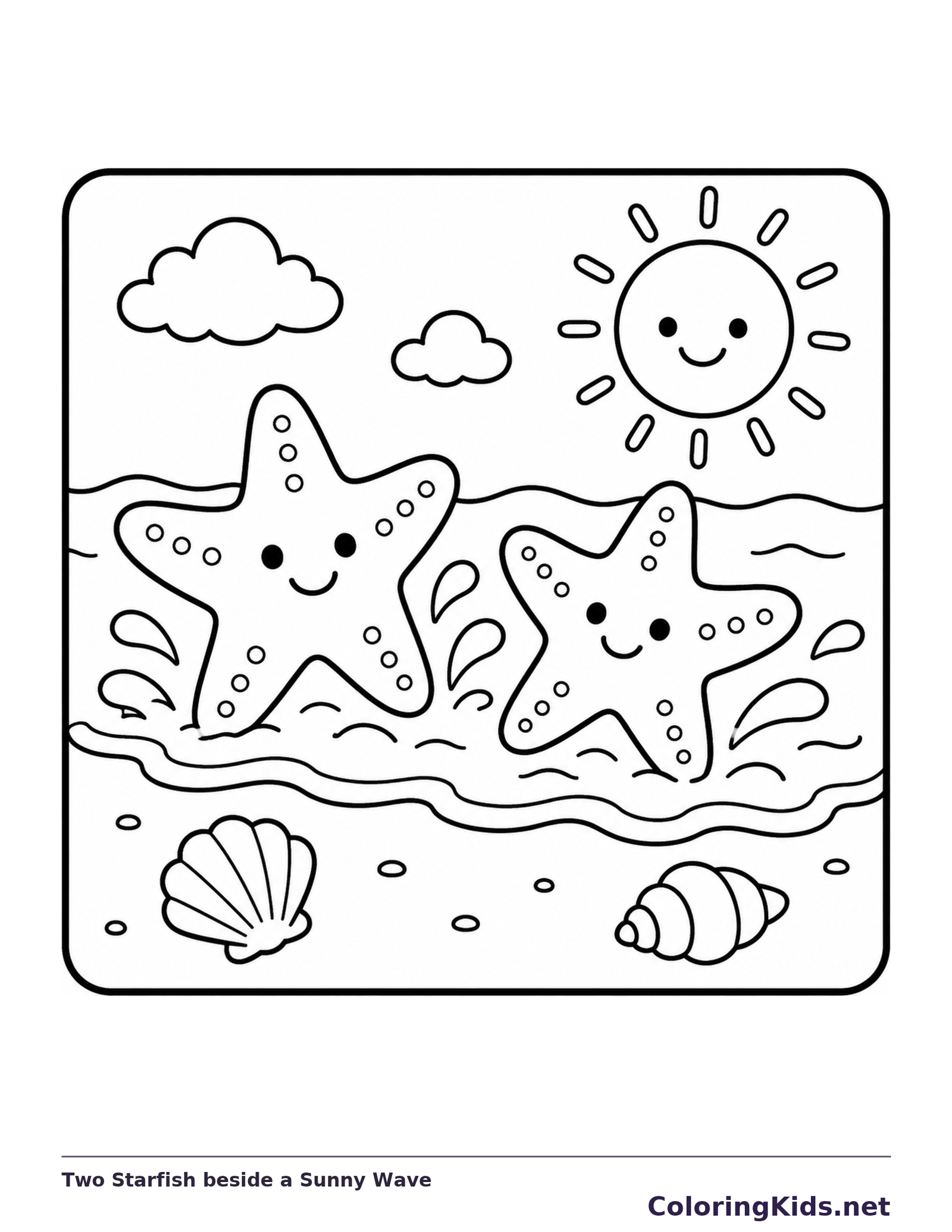 Two smiling starfish beside a shallow wave under a smiling sun