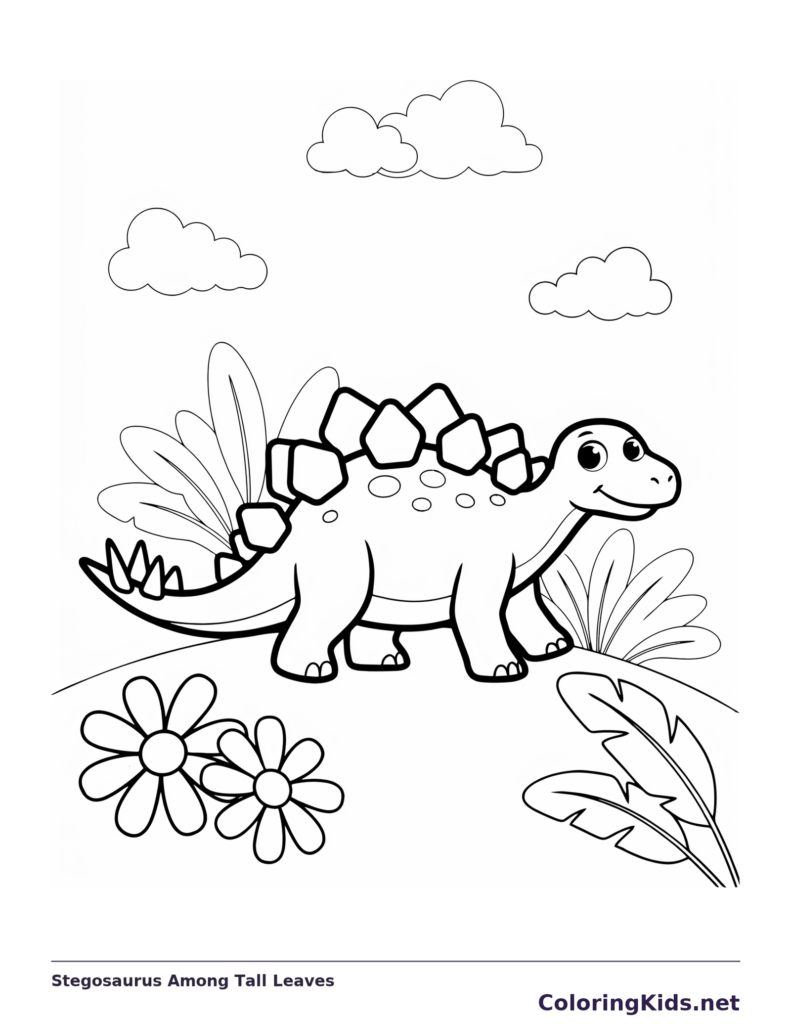 Black and white printable stegosaurus among tall leaves coloring sheet