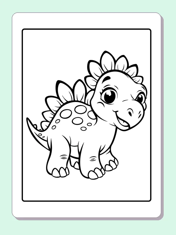 Black and white printable stegosaurus baby with big eyes coloring sheet