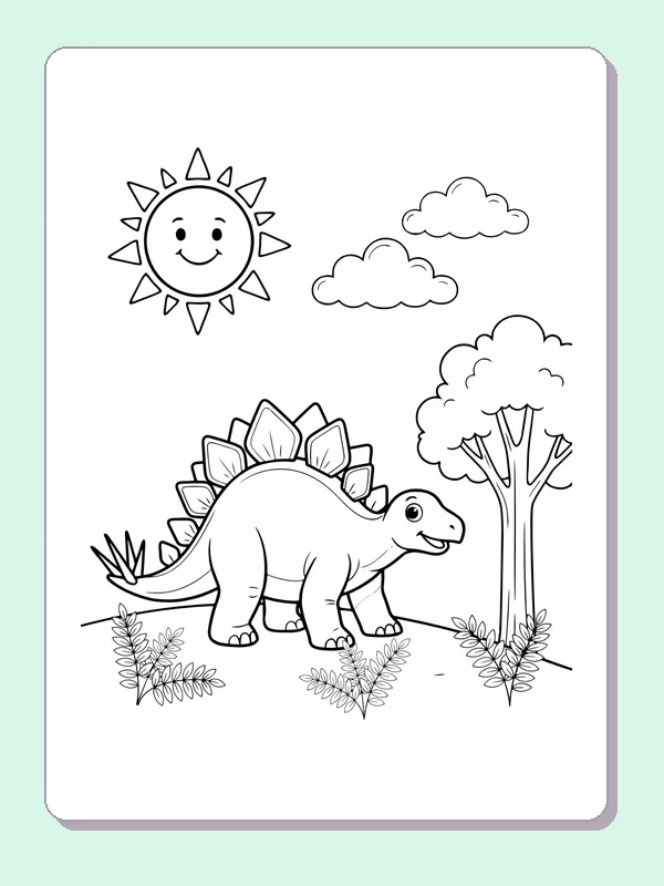 Black and white printable stegosaurus beneath the sunny tree coloring sheet